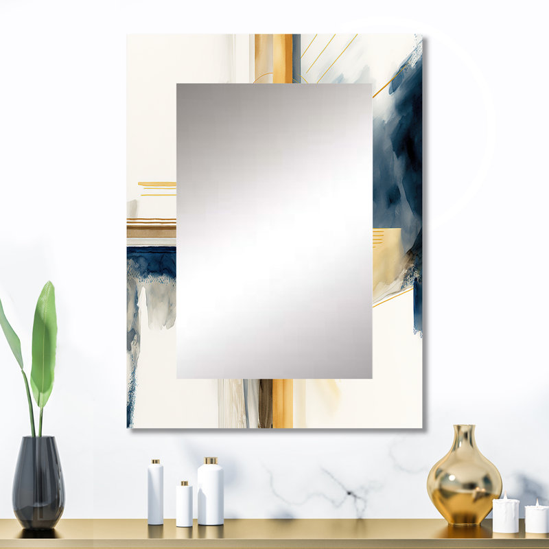 Modern Blue And Gold Abstract IV - Transitional Decorative Wall Mirror, Blue  Mirror, Printed Metal Art, 32" x 24"