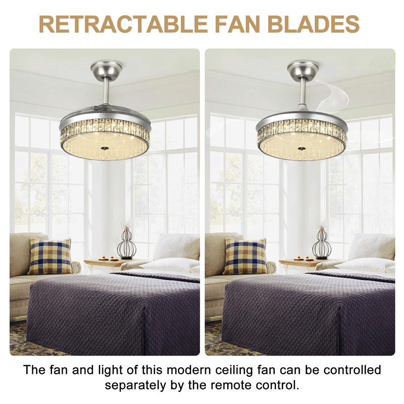 Ventilateur de plafond 42 "rétractable en cristal avec lumière et télécommande, Argent avec pales transparentes