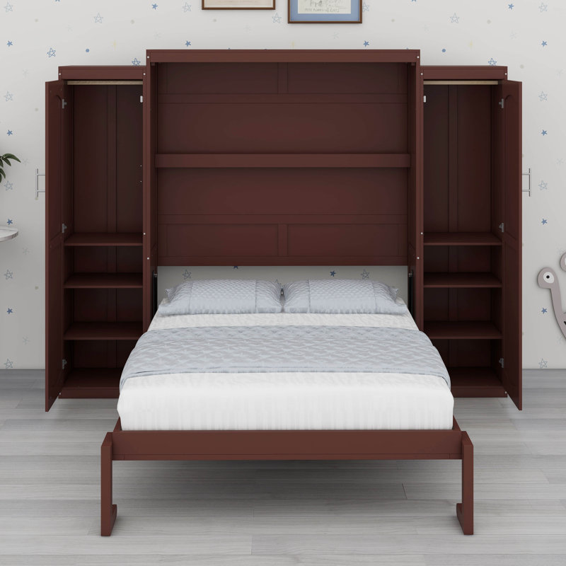 Armoire murale pleine grandeur avec lit escamotable avec 2 garde-robe et tablette de rangement, lit escamotable mural en bois Murphy, cadre de lit plateforme pliable multifonctionnel pour chambre d'amis