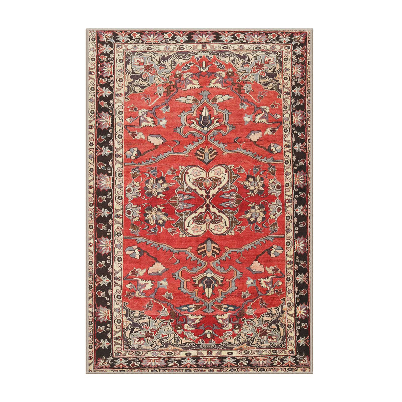 Tapis traditionnel rouge / noir Crymble, Rectangle 5 pi x 7 pi