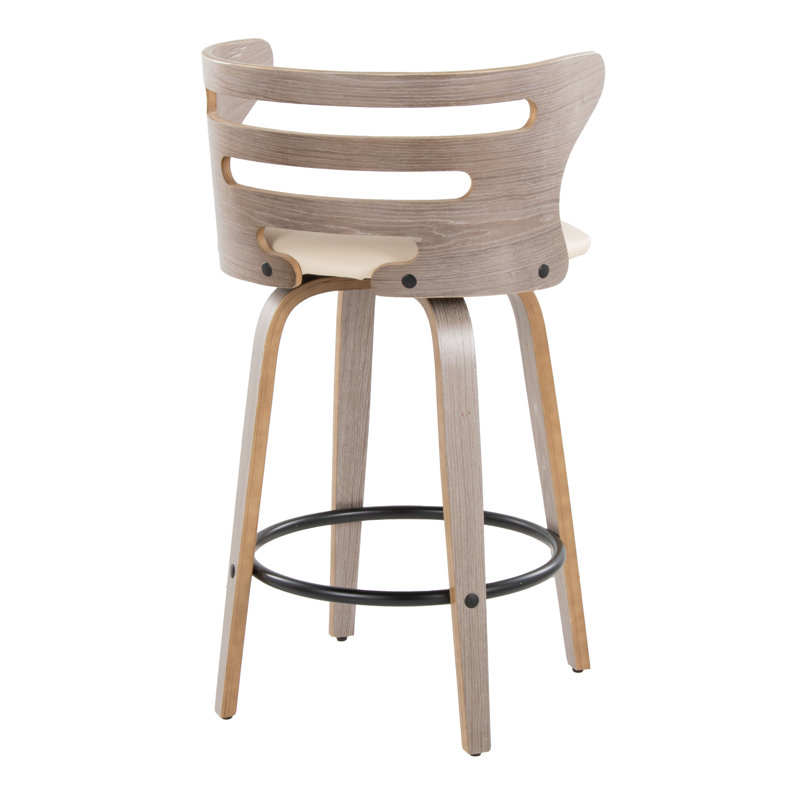 Tabouret de bar Mid-Century moderne à hauteur fixe avec pivot, Chêne, Beige