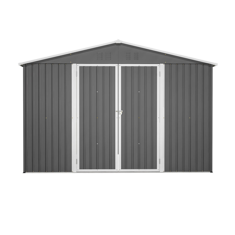 Grande remise extérieure en métal gris 10 x 10 pi, portes verrouillables pour ranger les vélos et ventilation pour garder les articles au sec, chaises de travail faciles à assembler, fraîches, marches
