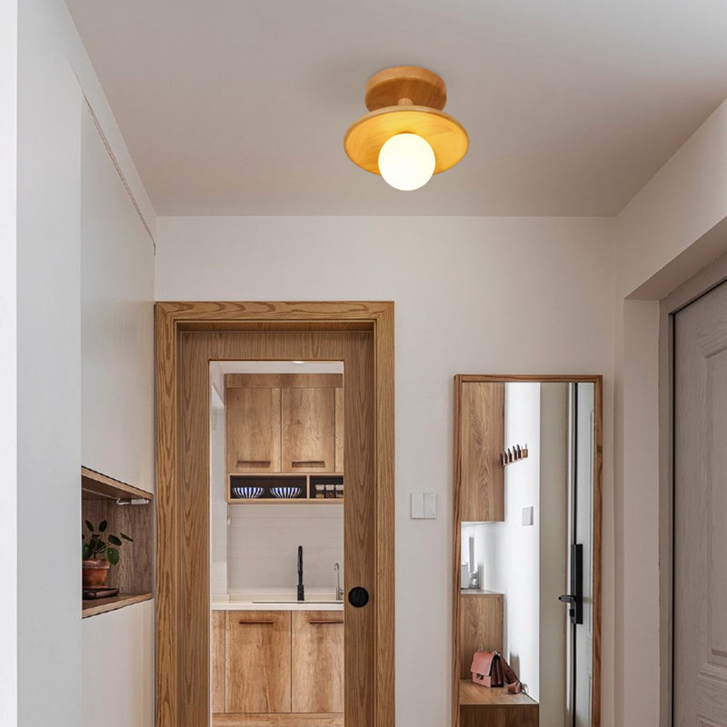 Natural Wood Semi-Flush Mount Light  for Bedroom Corridor Hallway, 4.72" H x 7.09" W x 7.09" D