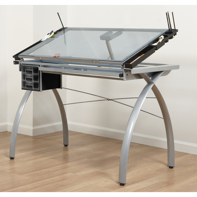 Futura 59'' Black Metal and Clear Glass Drafting Table with Storage