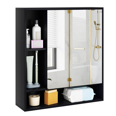 Bathroom Wall Cabinet with Mirror, Single Door, 3 Open Shelves & Adjustable Shelf Black