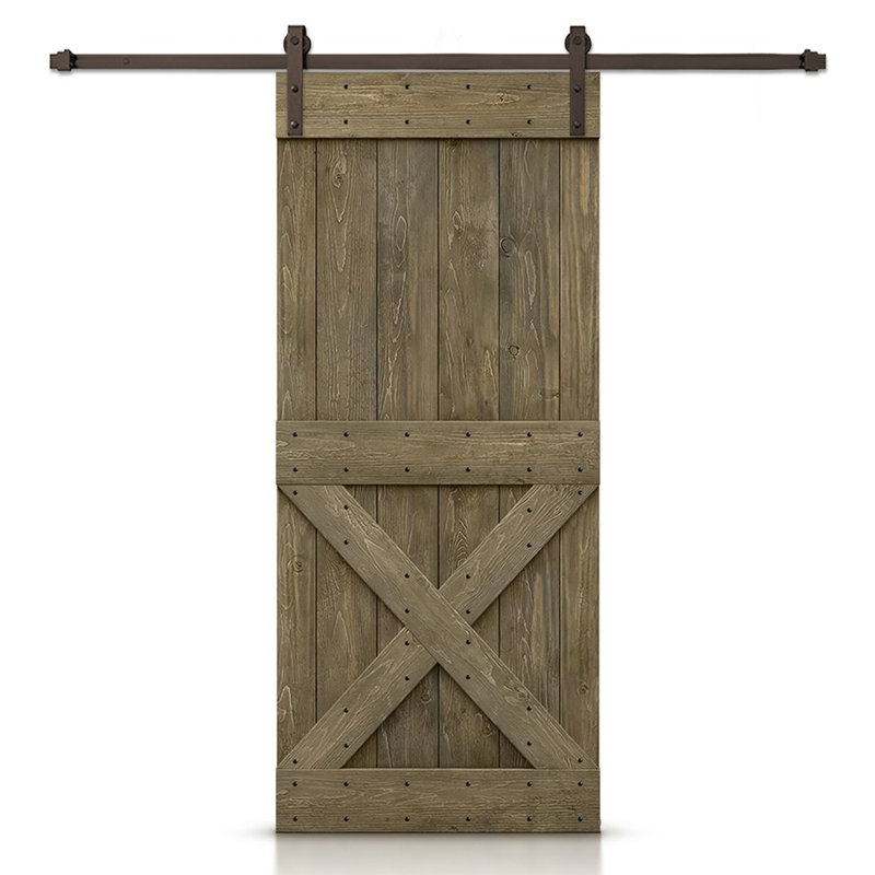 Porte de grange à panneaux et en bois avec quincaillerie d'installation, 26 po x 84 po, Tonneau vieilli, Noir mat