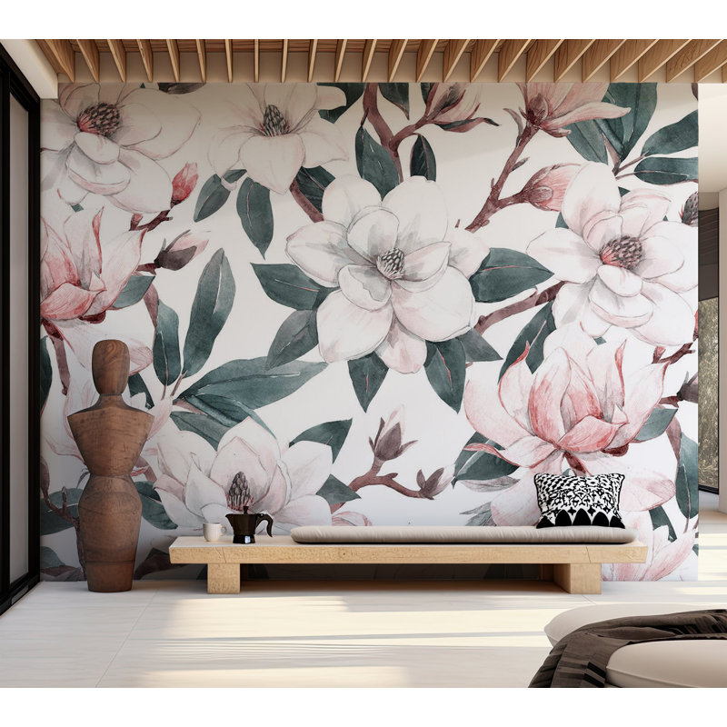 Papier peint floral - Magnolias aquarelle, L 68 po x l 98 po