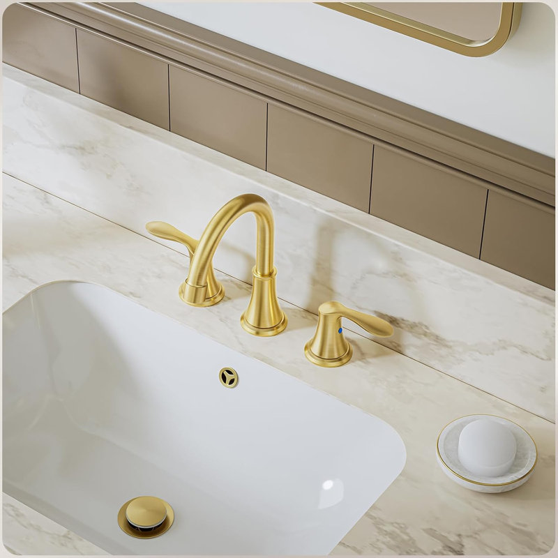 Brushed Gold Widespread 8 Inch 3 Holes Bathroom Faucet 2 Pack,2 Handles Modern Bathroom Sink Faucet With Metal Pop-Up Drain & Water Supply Line