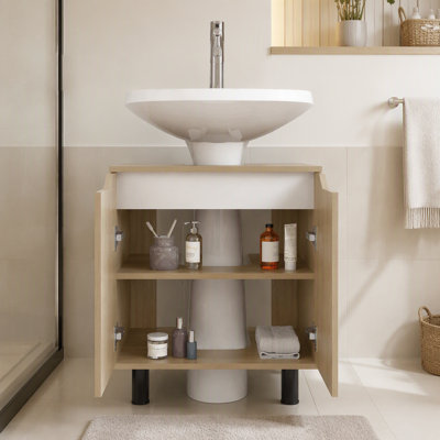 Armoire de rangement sous le lavabo en chêne naturel avec tablette ouverte
