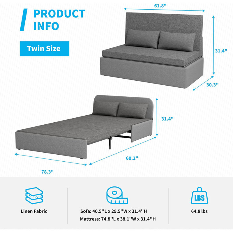 Treylyn Twin 40.5'' Upholstered Pillow Back Convertible Sofa, Dark Gray Linen Blend