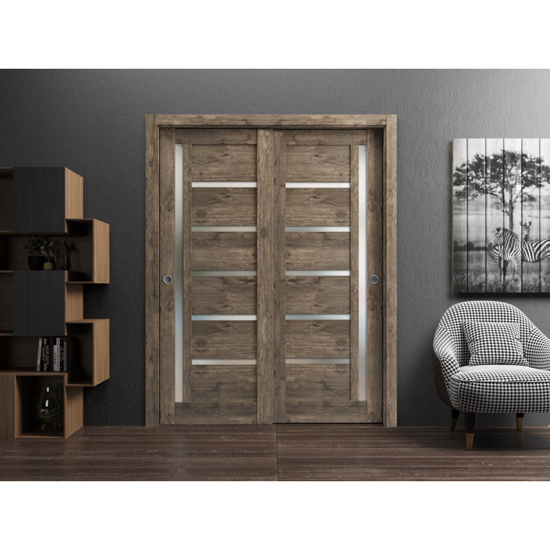 Panelled Wood Quadro Sliding Closet Doors, Cognac Oak, 36" x 84"