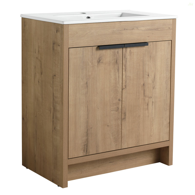 30" Freestanding Bathroom Vanity With White Ceramic Sink & 2 Soft-Close Cabinet Doors ((KD-PACKING), White, Imitative Oak