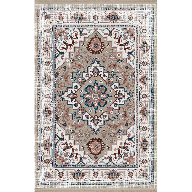 Tapis décoratif rétro à motif traditionnel gris-beige, Rectangle 3 pi 11,24 po x 5 pi 10,87 po