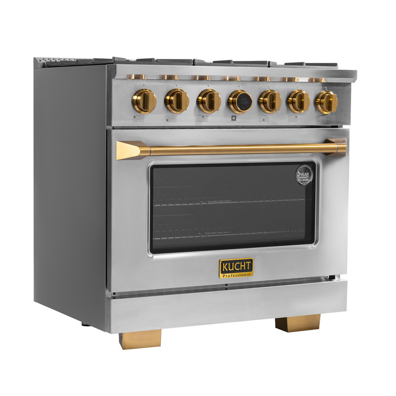 36 po KUCHT 5,2 pieds cubes Pi. Cuisinière 6 brûleurs à double combustible pour gaz propane en acier inoxydable et or + hotte sous l'armoire