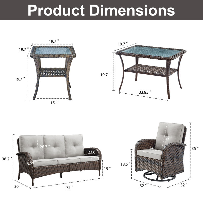 Ensemble de conversation d'extérieur en osier pour 5 personnes avec coussins et table d'appoint Gaetanino, Beige, Brun