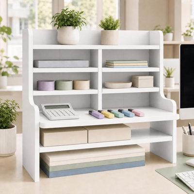 Desktop Organizer 6-Tier Wooden Craft Storage Rack, Adjustable Removable Shelves with Anti-Fall Baffles for Pens, Washi Tapes & Stickers, Small Office Desk Shelf for Home Office, Study & Craft Room