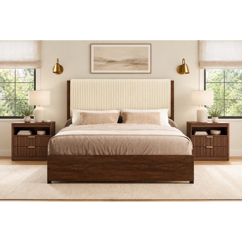 Ensemble de chambre à coucher 3 pièces, lit rembourré avec 4 tiroirs et 2 tables de chevet, Brun / Noyer, Grand lit