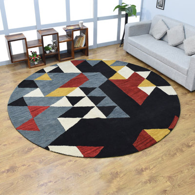 Alfords Hand Tufted Wool Eco-Friendly Round Area Rugs - Round, Multicolor, Geometric Modern Design, High Pile Thick Handmade Anti Skid Area Rugs for Living Room, Bed Room
