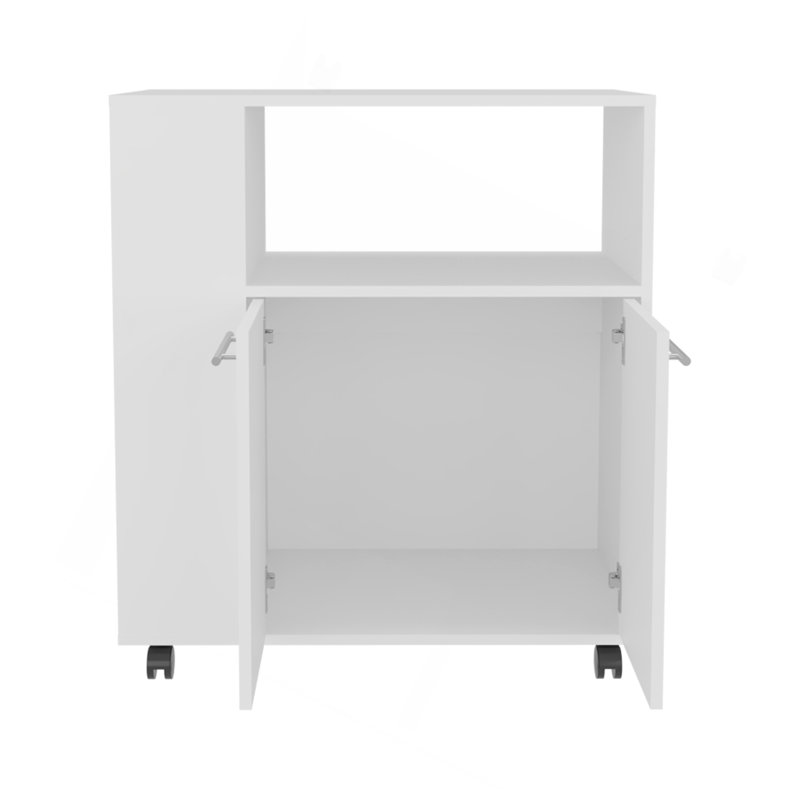 Chariot de cuisine, 2 portes, 3 tablettes, 4 roulettes, Blanc
