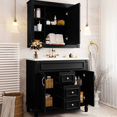 Meuble-lavabo de salle de bain 36 po, façade à miroir noir, 2 portes et tiroirs, meuble-lavabo élégant, décoration et luminaire élégant