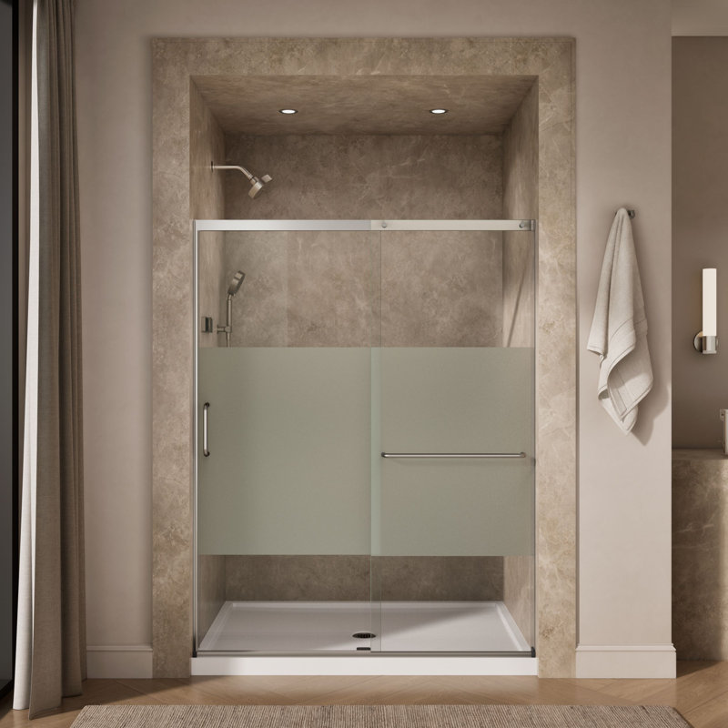 Elate Tall Sliding Shower Door, 75-1/2-In H X 62-1/4 - 65-5/8-In W With Heavy 5/16-In Thick Crystal Clear Glass With Privacy Band
