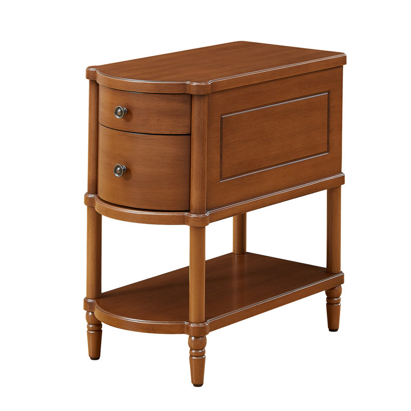Side Table With Charging Station, 2 Drawers & Open Shelf, Easy Assembly Narrow End Table For Living Room, Walnut