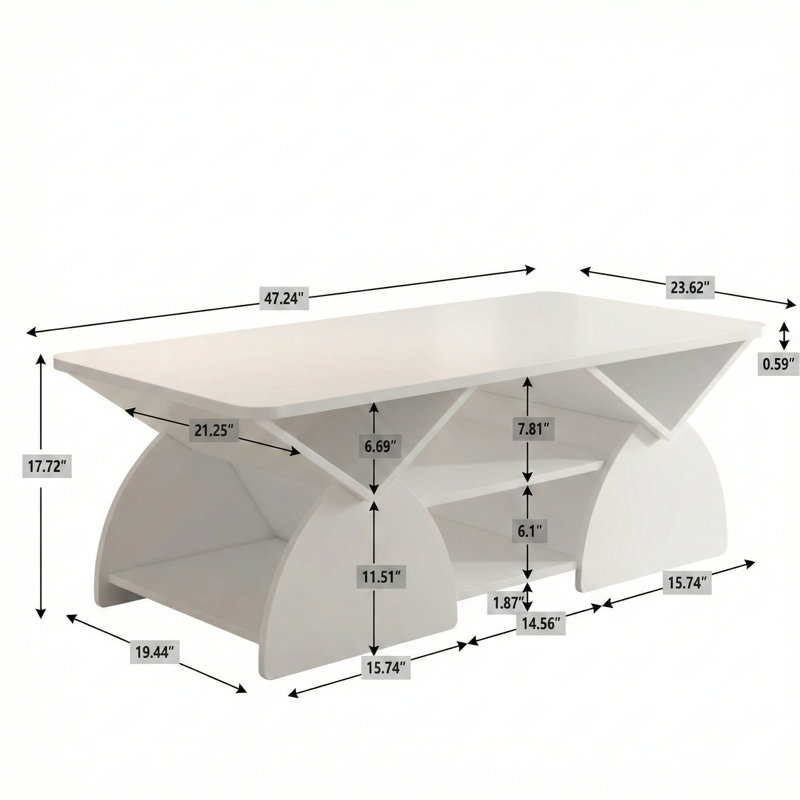 Engineered Wood Rectangular Coffee Table With Rounded Corners For The Living Room. An Easy-To-Assemble Storage Table With Open Shelves And A Sturdy Frame For Reception Rooms, Featuring A Modern Geometric Design In White.