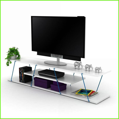 TV Furniture | 56” Mid Century Modern TV Stand with 4 Shelves &amp; Cord Management, White Blue | White | TV Size Ranges