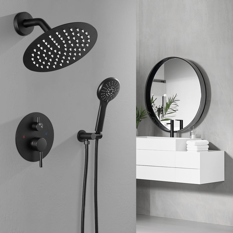 Système de douche rond moderne, pomme de douche à pluie avec douchette, ensemble de robinet de douche, Noir mat