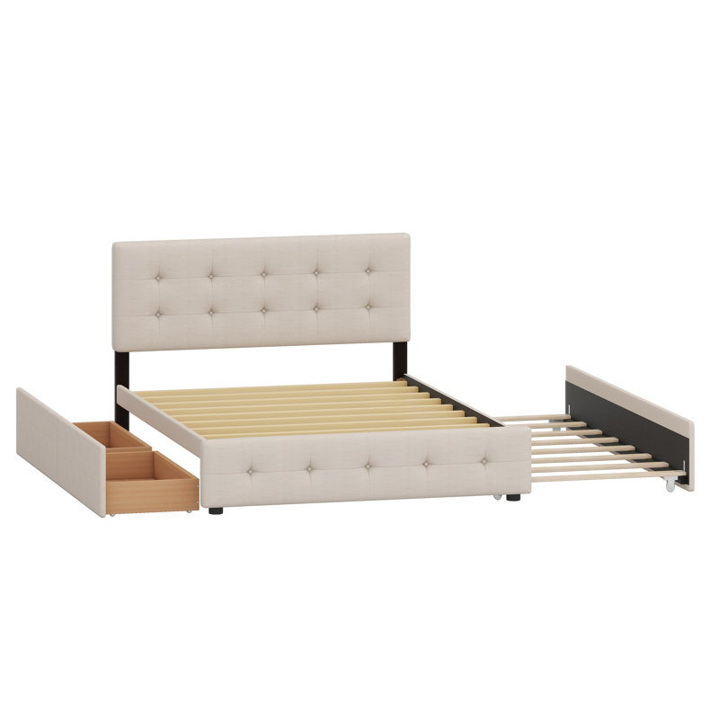 Lit plateforme tapissier avec tiroirs de rangement et lit gigogne, Beige foncé