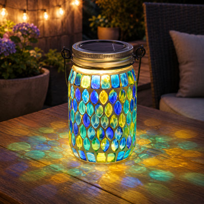 Teal Mosaic Glass Solar Lantern, Weatherproof Hanging Garden Light for Outside Pathway, Patio, Porch, or Yard, Great Gift for Mom or Grandma
