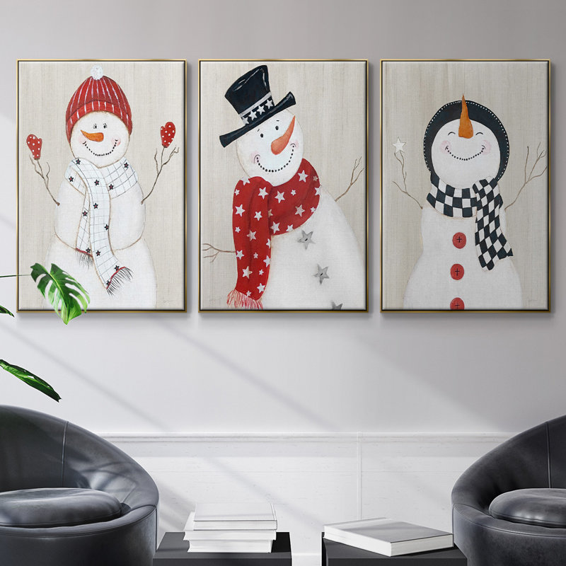Bonhomme de neige encadré sur toile, 3 pièces, Or, H 24 po x l 48 po x P 2 po