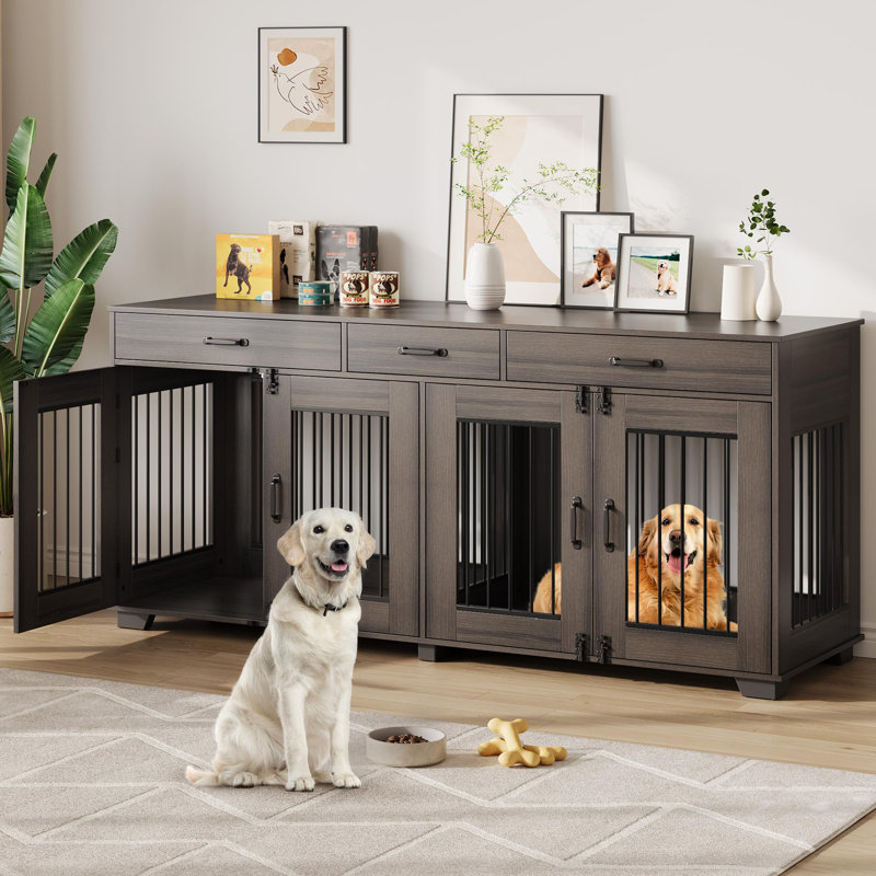 Caisse pour chien 71 po pour 2 chiens de taille moyenne de style meuble, chenil d'intérieur robuste avec 3 tiroirs de rangement coulissants, meuble télé à double porte avec système de sécurité multi-serrures