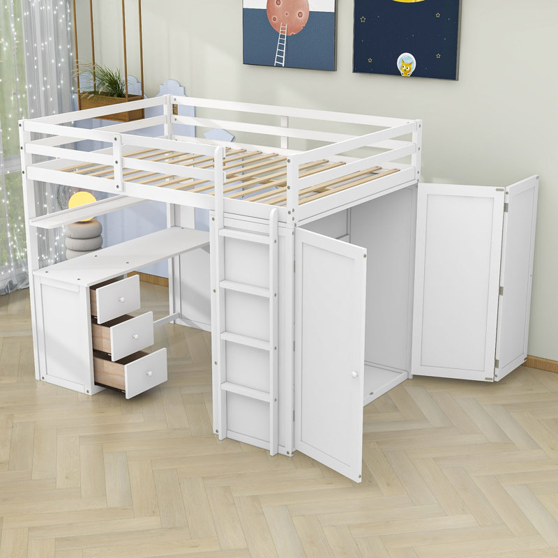 Keisler Full Size Wood Loft Bed with 3 Drawers, Desk and Wardrobe, White