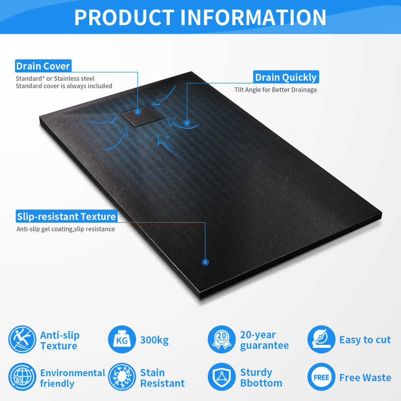 Slip-Resistance 32mm H Rectangular Black Shower Tray, 3.2cm H x 70cm W x 120cm D
