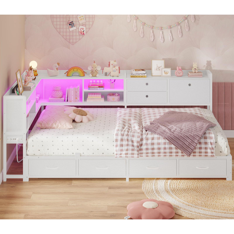 Twin Daybed With Charging Station, Corner Bed Frame With Led Lights 8 Storage Drawers And Bookcase, White, White