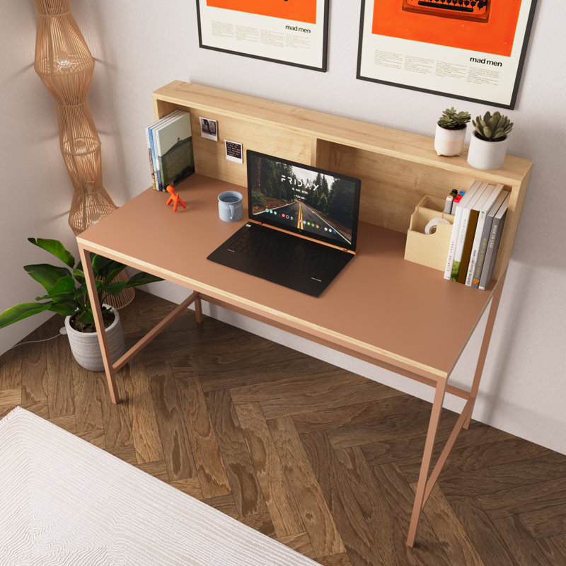 Bimossa Olivia Desk, 110cm Wide Desk, Stylish Home Office Writing Desk with Raised Block Shelf and Note Board, Metal Legs, Perfect for Students and Professionals