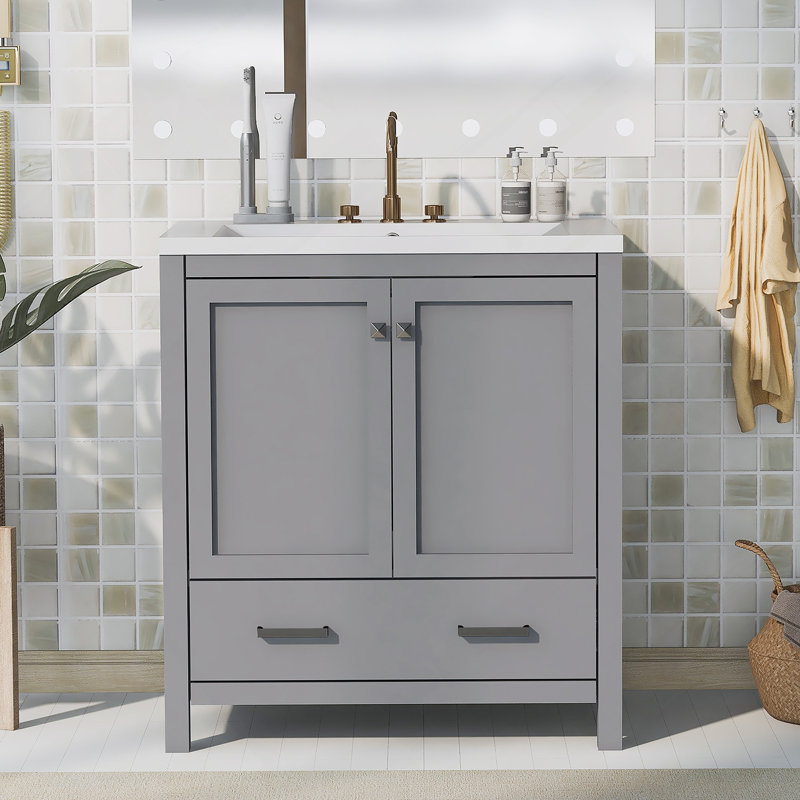 Meuble-lavabo 30 po avec lavabo simple, armoire encastrée avec 2 portes et tiroir, Gris