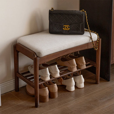 Creamy-white 100% Polyester Upholstered Nut-brown Solid Wood Bench