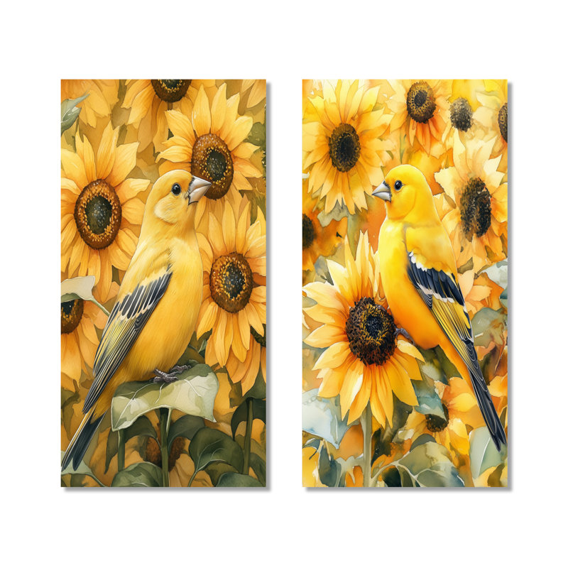 Chardonneret en tournesols - oiseaux, ensemble de 2 reproductions d'art mural en métal, 32" H x 32" W