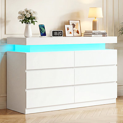Modern 6 Drawer Dresser with Multi-Color LED Lights & 2 USB Charging Power Outlets, Multi-Functional TV Storage Stand 