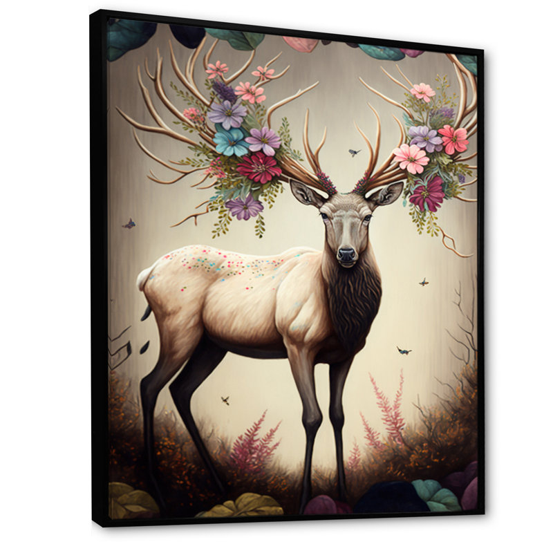 Caribou avec des bois en floraison - reproduction sur toile, Toile avec cadre flottant noir, H 44 po x l 34 po x P 1,5 po