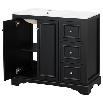 36'' transitional bathroom vanity with ceramic sink – features 2 soft-close doors, an adjustable U-shaped shelf