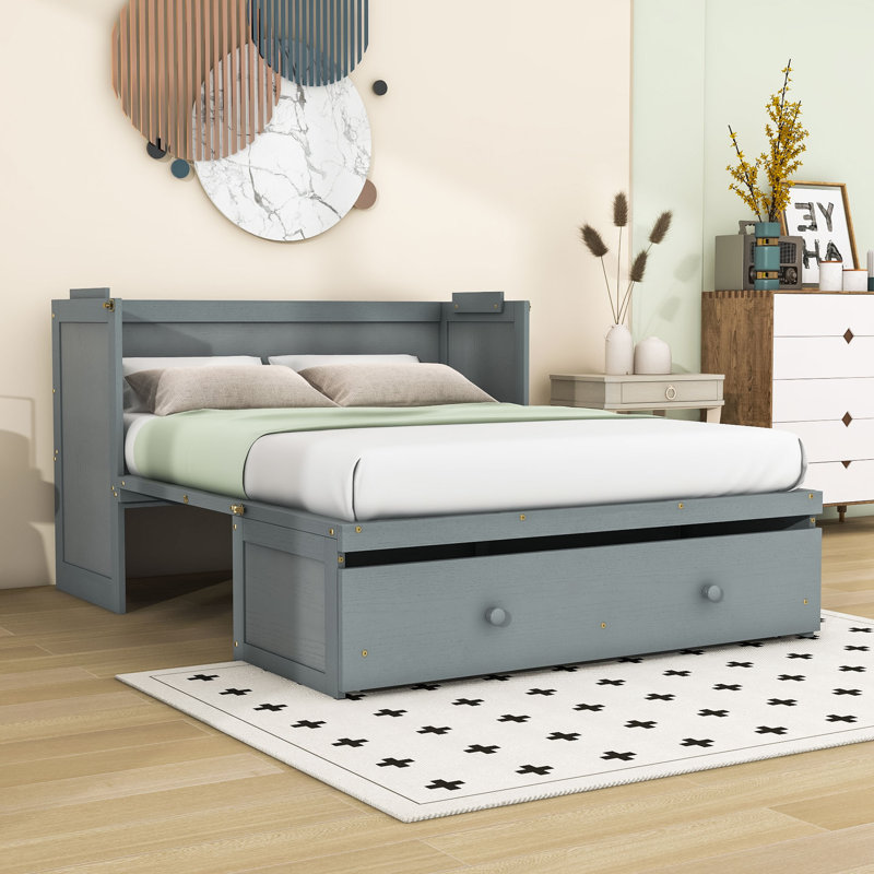 Lit escamotable 1 tiroir en bois avec ports USB, gris, Double