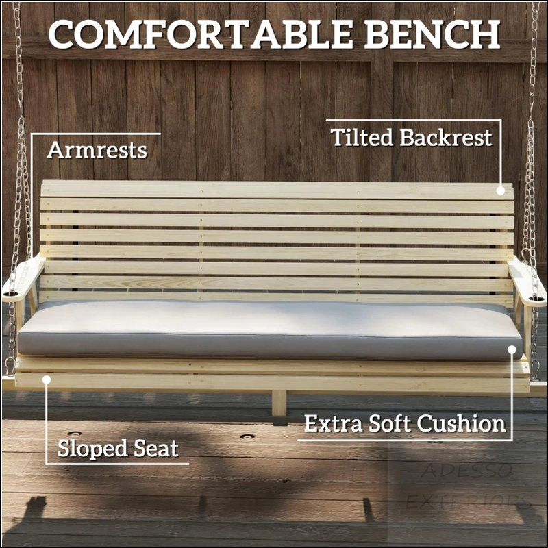 Balancelle de jardin Chic en bois avec plateaux latéraux et coussin épais - Bois naturel