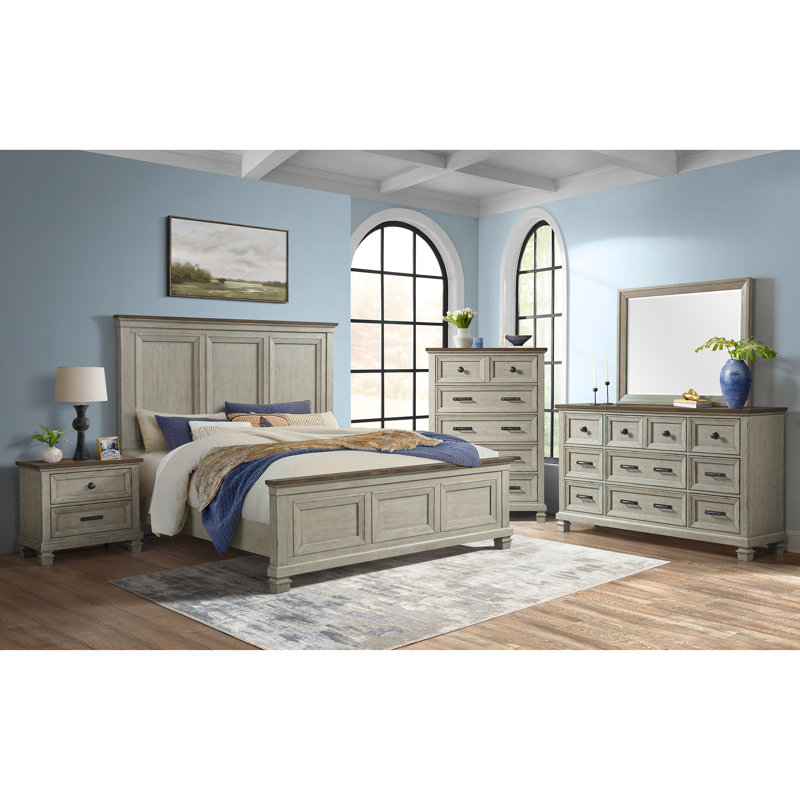 Clayton Panel Bedroom Set In Medium Brown And Washed Stone, King, 5 Pcs: Bed, Dresser, Mirror, Chest, Nightstand