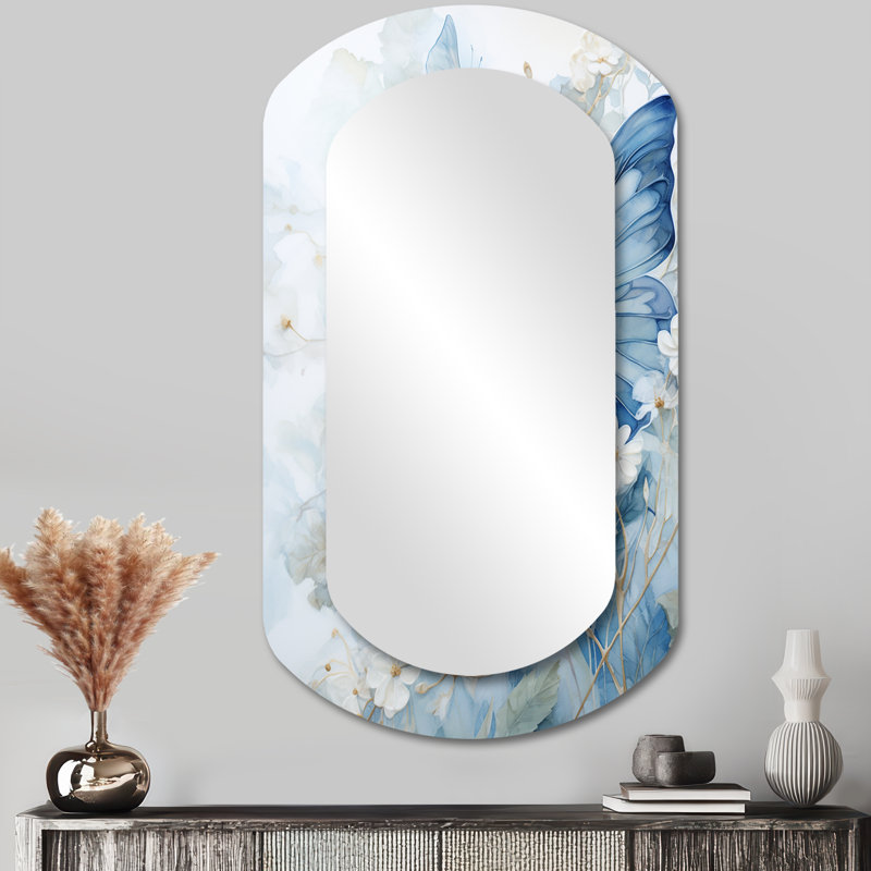 «Massie Blue Butterfly Whispering Wings II», miroir mural décoratif asymétrique papillon, 43 po x 23 po