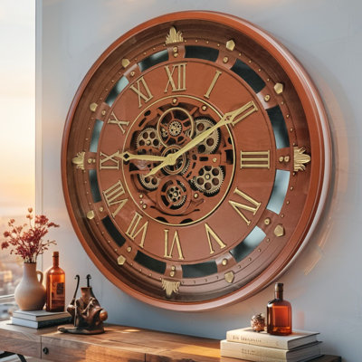 Wall Clock 26" Round Oversized for Living Room decor with Real Moving Gears (Glass cover) Belgium Collection