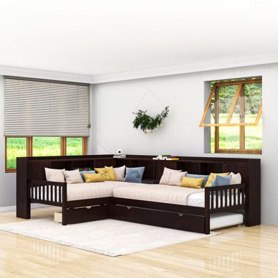 Twin Wooden L-Shaped Platform Bed with Trundle, Built-In Storage Drawers and Shelves