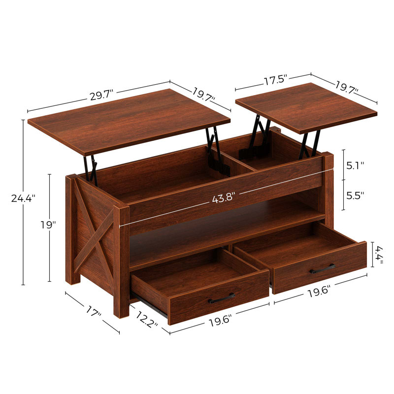 Coffee Table with 2 Storage, Lift Top Coffee Table for Living Room, 19" H x 47.2" L x 19.7" W, Espresso